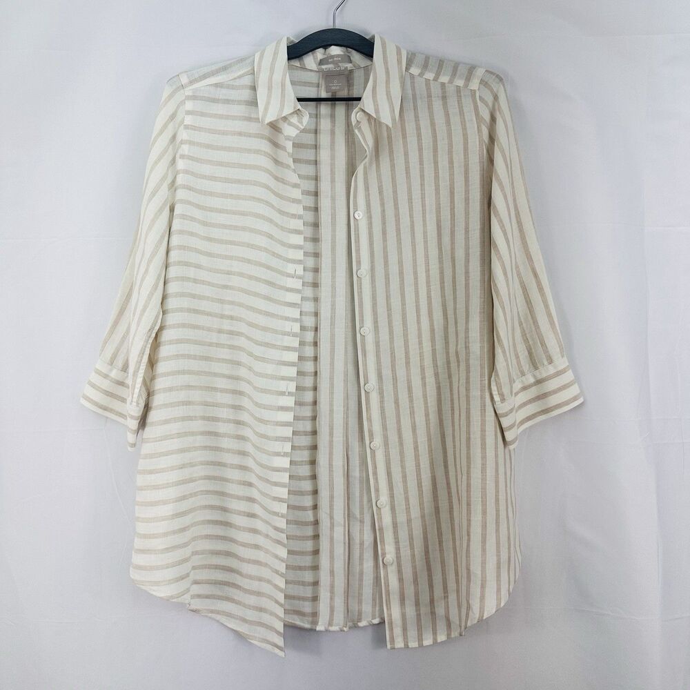 Chico's Mixed Stripe Button Up Shirt  Blouse 3/4 sleeve No Iron 100% Linen Sz 0